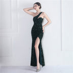 Velvet Bottom Sequin One Shoulder Fishtail Evening Dress