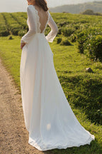 Tulle Bateau Long Sleeves Boho Wedding Dress Open Back A Line