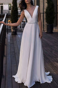 Long V Neck Backless Wedding Dress With Flowing Fabric