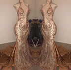 Abito da sera elegante a sirena con scollo profondo a V e collo all'americana, lungo fino a terra