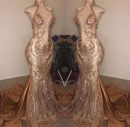 Elegant Halter Deep V-Neck Mermaid Floor-length Prom Dress