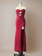 Hot Pink Mermaid Strapless Prom Dress Beaded With Lace Up Back
