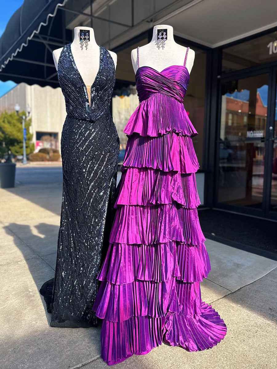 Purple Pleated Tiered Ruffle Prom Dress With Sweetheart Bodice