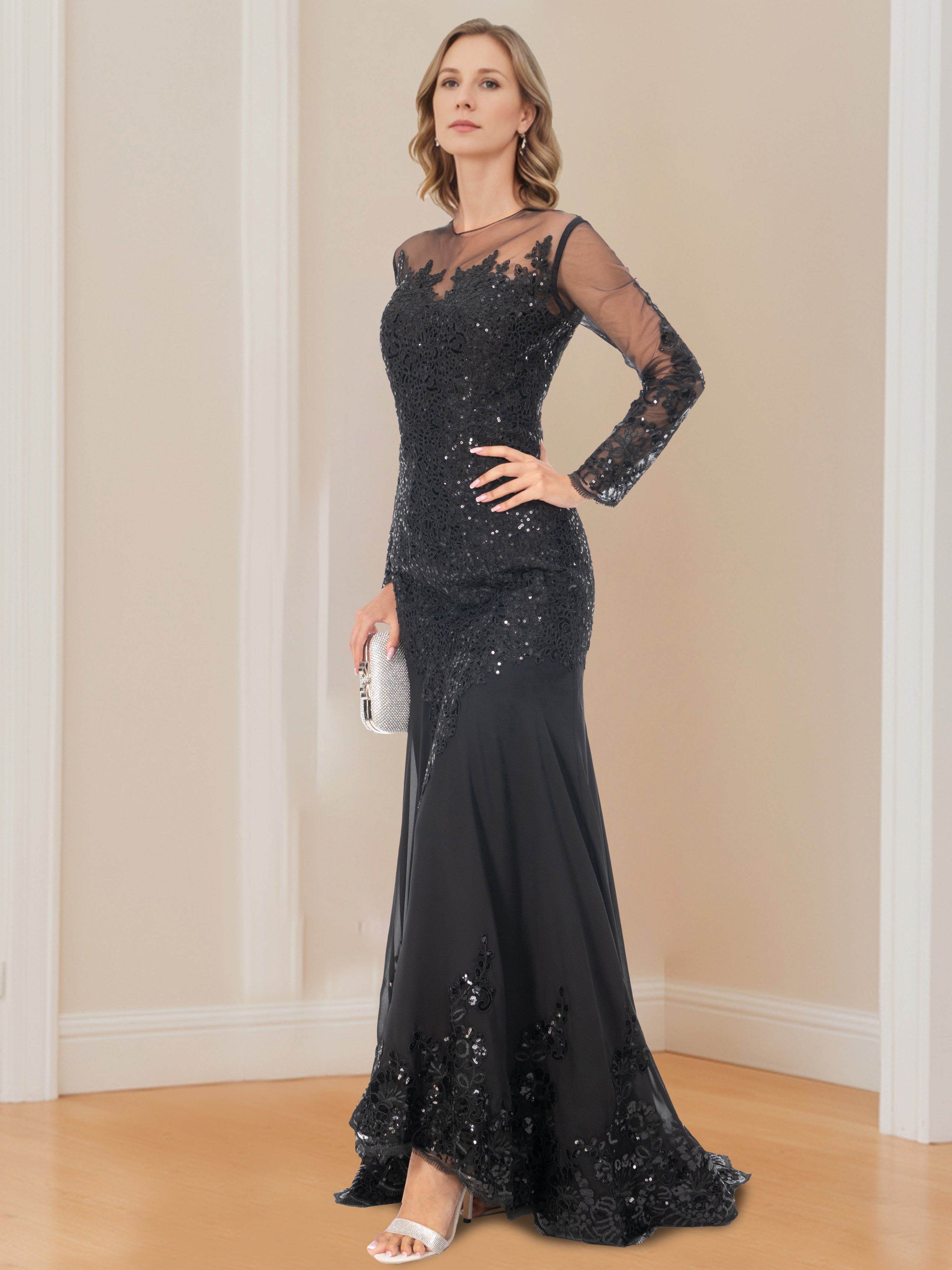 Long Sleeve Scoop Neck Mermaid Trumpet Mother Of The Bride Dress With Applique
