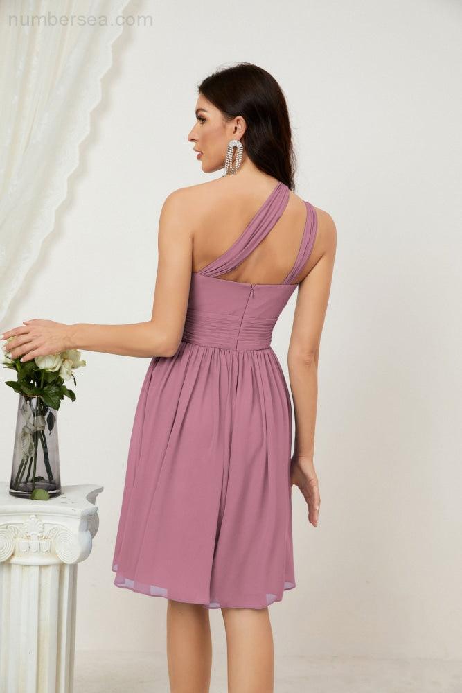 Numbersea Damen Chiffon Kurzes Ein-Schulter Brautjungfernkleid Festliche Kleider für Feier Heimkehr 2804