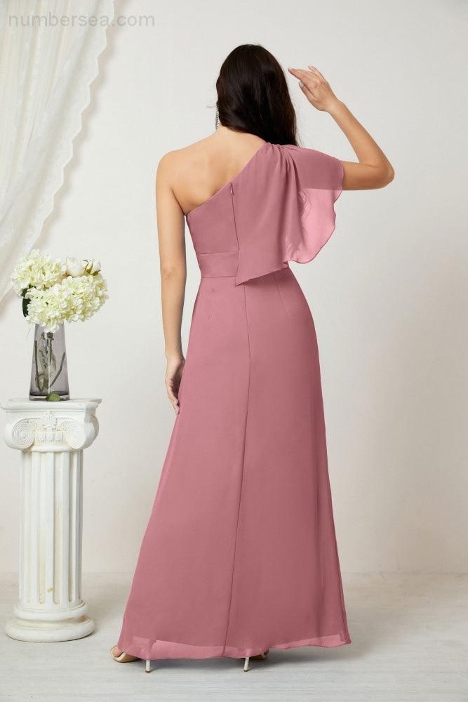 Abito da Sera Formale A-line con Spalla Singola e Balze in Chiffon, Spacco Laterale, per Damigelle, Modello 2809
