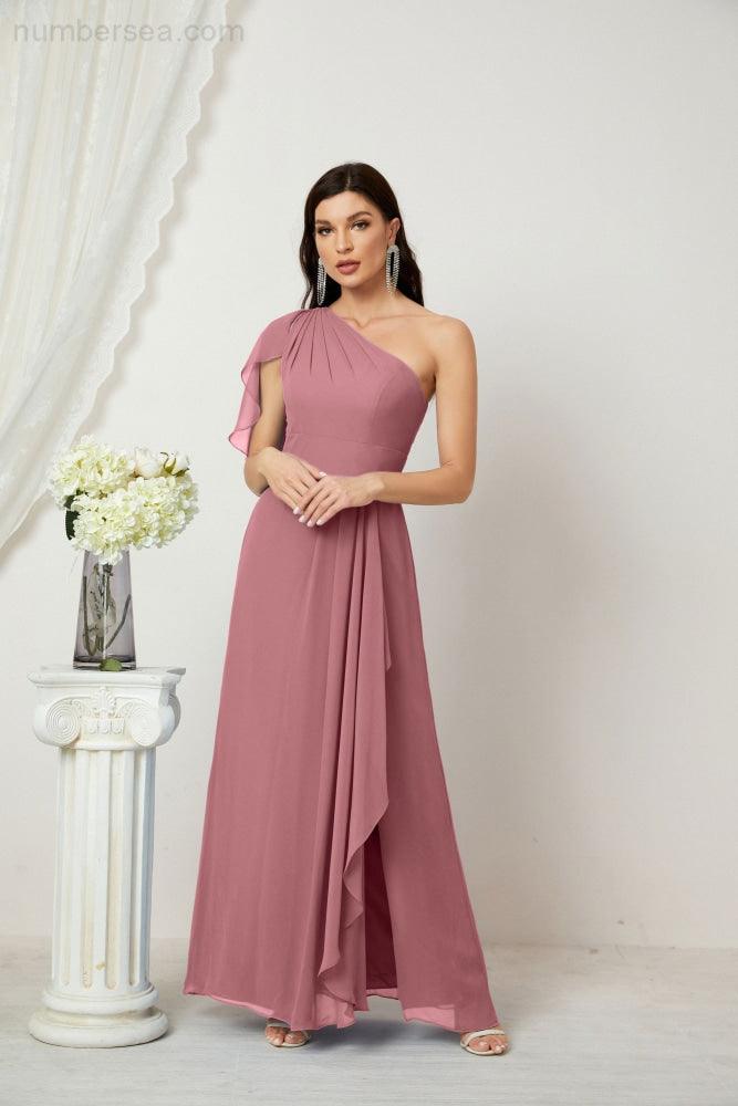 Abito da Sera Formale A-line con Spalla Singola e Balze in Chiffon, Spacco Laterale, per Damigelle, Modello 2809
