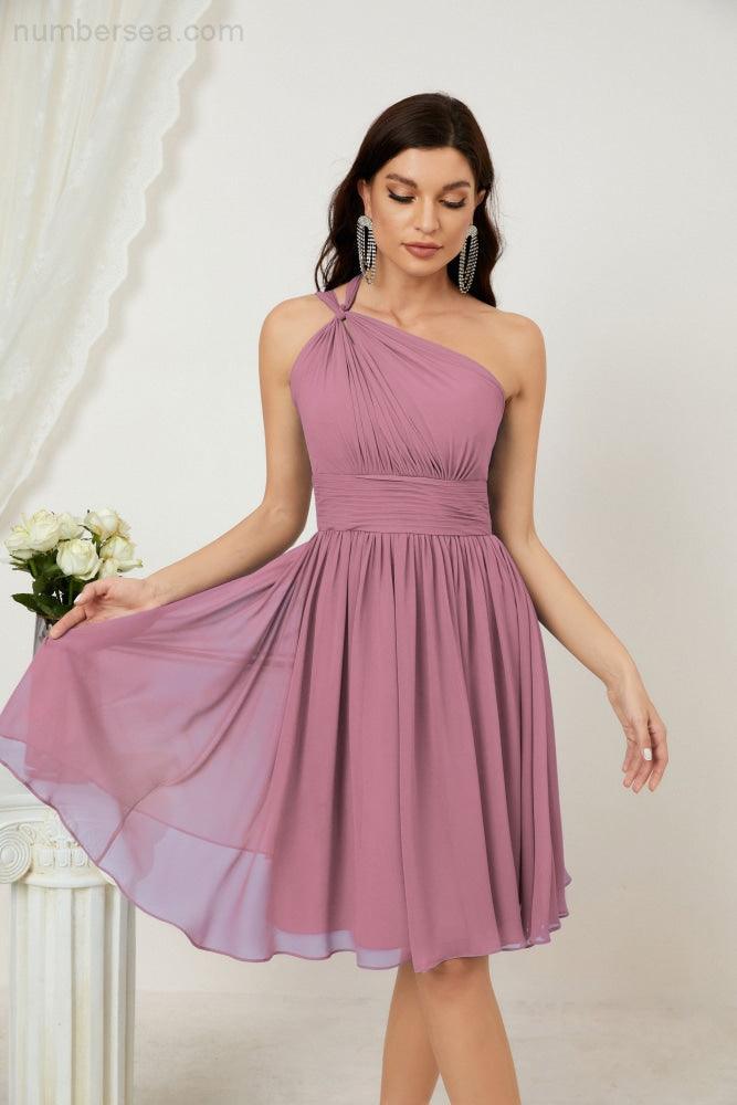 Numbersea Damen Chiffon Kurzes Ein-Schulter Brautjungfernkleid Festliche Kleider für Feier Heimkehr 2804