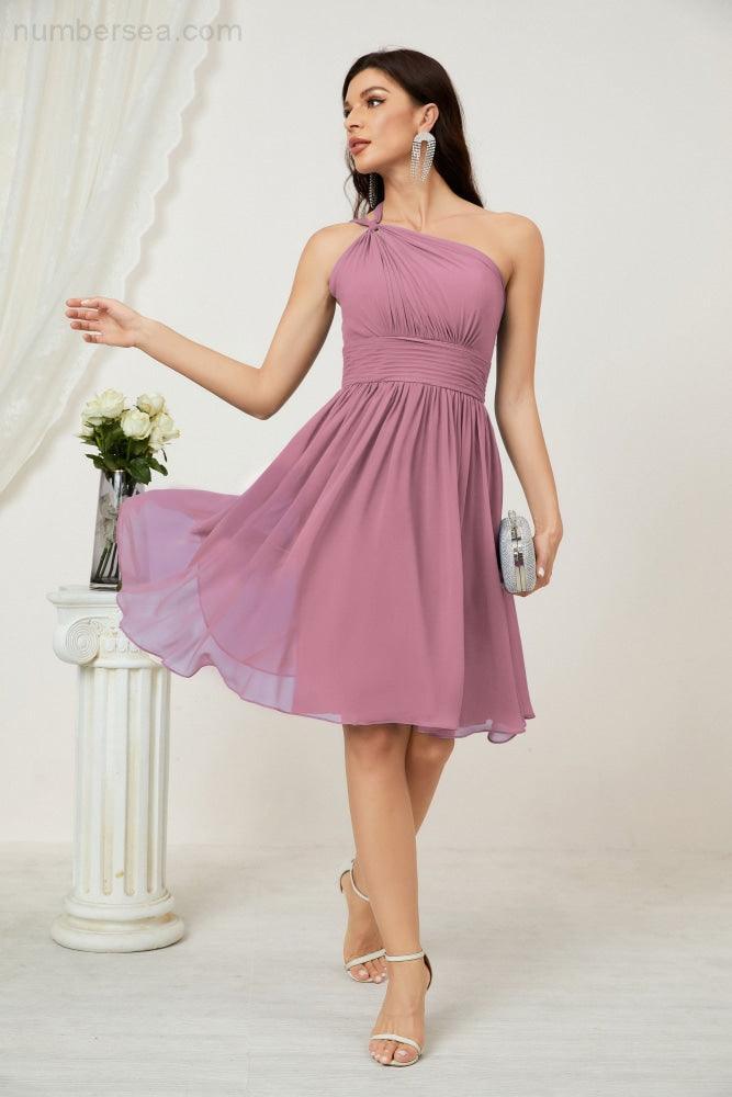 Numbersea Damen Chiffon Kurzes Ein-Schulter Brautjungfernkleid Festliche Kleider für Feier Heimkehr 2804