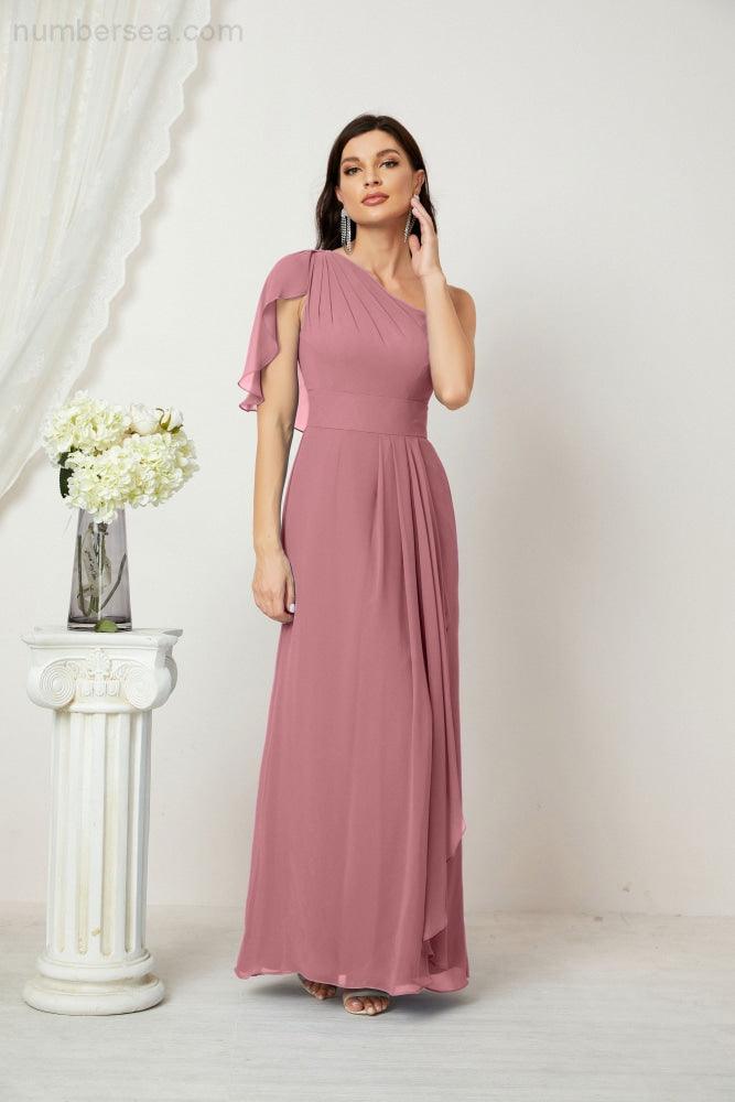 Abito da Sera Formale A-line con Spalla Singola e Balze in Chiffon, Spacco Laterale, per Damigelle, Modello 2809