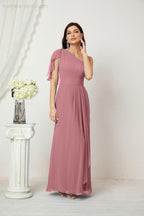 Abito da Sera Formale A-line con Spalla Singola e Balze in Chiffon, Spacco Laterale, per Damigelle, Modello 2809