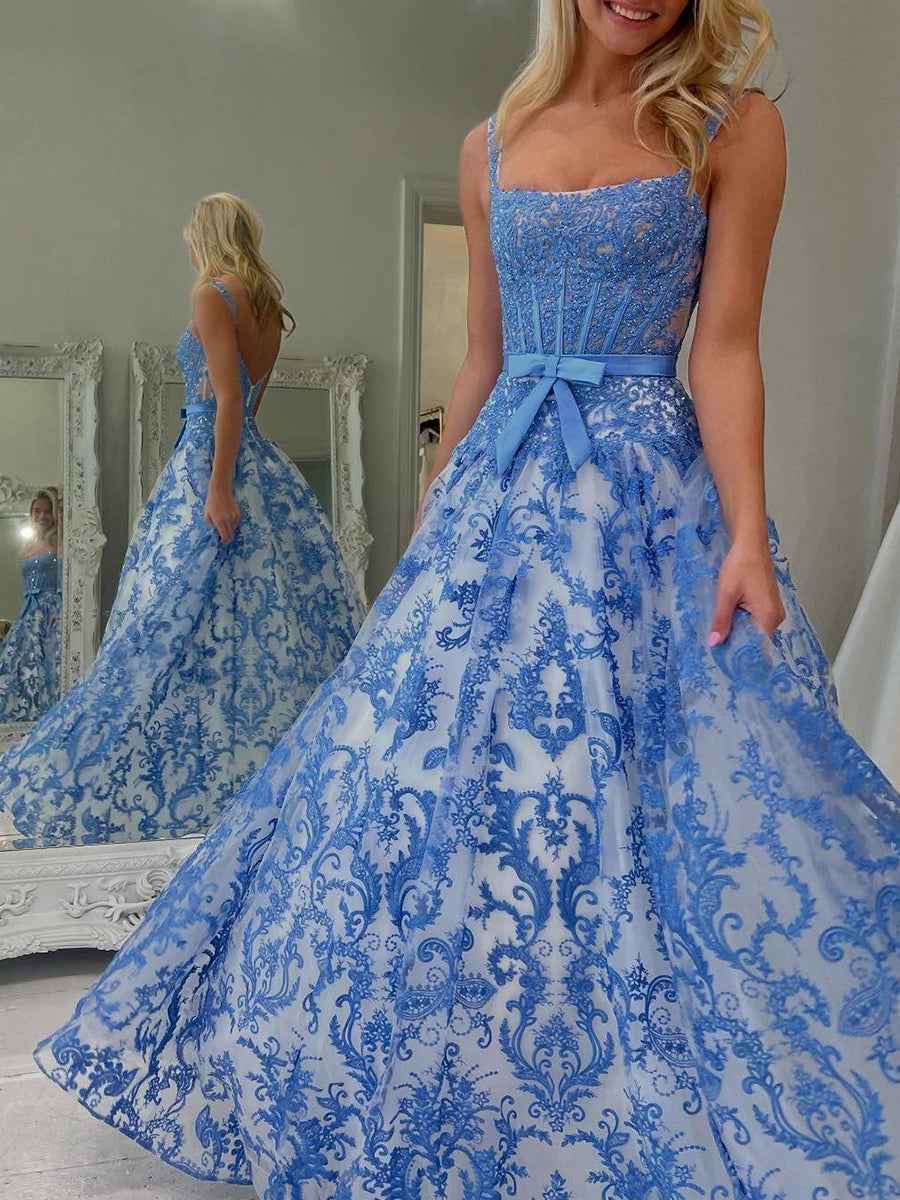 Royal Blue Baroque Lace Corset Prom Dress Long With Beadwork