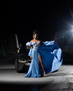 Sky Blue Diamond Beaded Mermaid Gown with White Floral Appliques