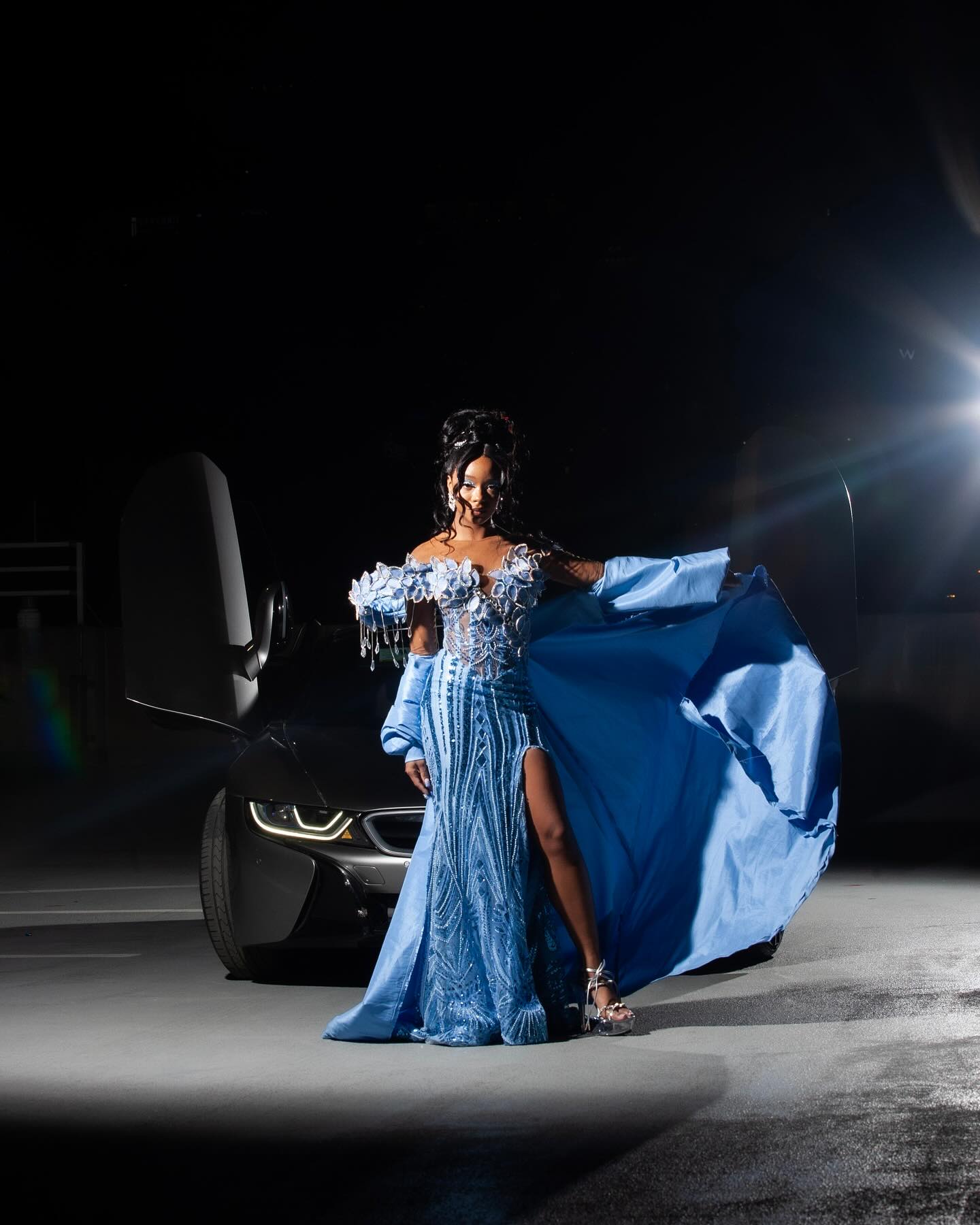Sky Blue Diamond Beaded Mermaid Gown with White Floral Appliques