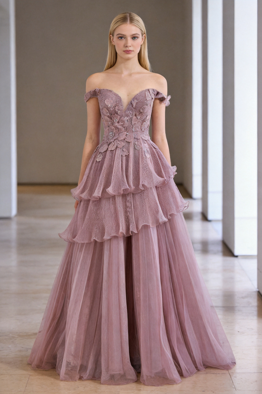Abito da sera a linea A con balze sognanti, perline e colore rosa lusso LA73385