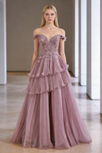 Abito da sera a linea A con balze sognanti, perline e colore rosa lusso LA73385