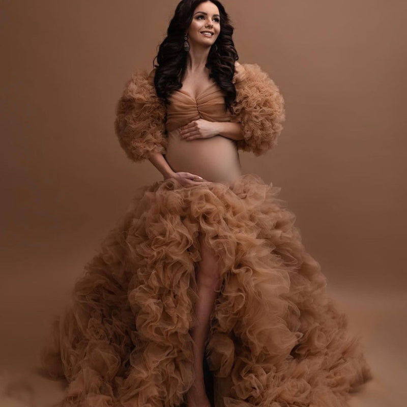 Chic Maternity Tulle Gown Maternity Dress Champagne Tulle Maternity Dresses for Photo Shoot Robe Pregnant Women Formal Gowns