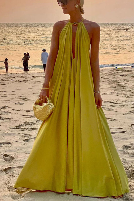 Greek Goddess – Markantes goldenes Neckholder-Maxikleid in A-Linie 