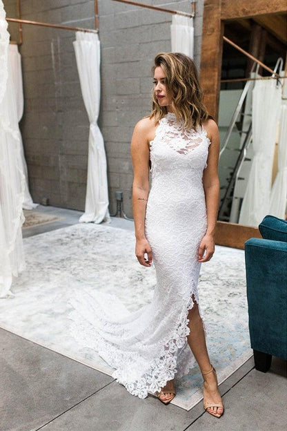Sheath High Neck Sweep Train Open Back Lace Wedding Dress with Split