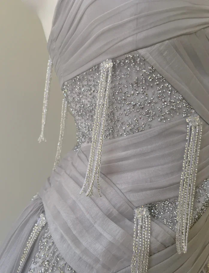 Vestido de Festa Roxo Elegante com Lantejoulas, Tule, Contas e Borlas, Modelo Linha A, Vestido de Noite Y8586
