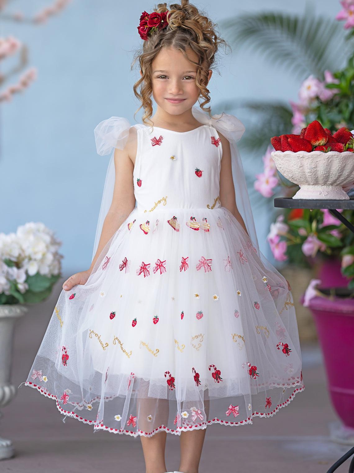 Pink Tulle Knee Length Strawberry Embroidery Flower Girl Dress - photo 6
