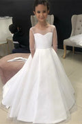 Bmbridal White Satin Flower Girl Dress Floor Length With Jewelled Neckline Bow