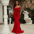 Off Neck Sleeveless Elegant Slim Fit Lange Volltonfarbe Cocktail Brautjungfer Kleid Abendkleid 3D Dekoration 