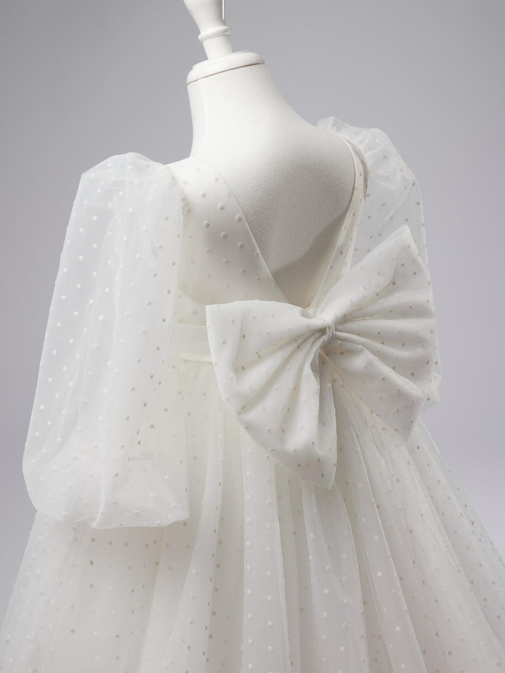 Ivory Polka Dot Tulle Puff Sleeve Sweep Train First Communion Flower Girl Dress