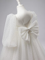 Ivory Polka Dot Tulle Puff Sleeve Sweep Train First Communion Flower Girl Dress