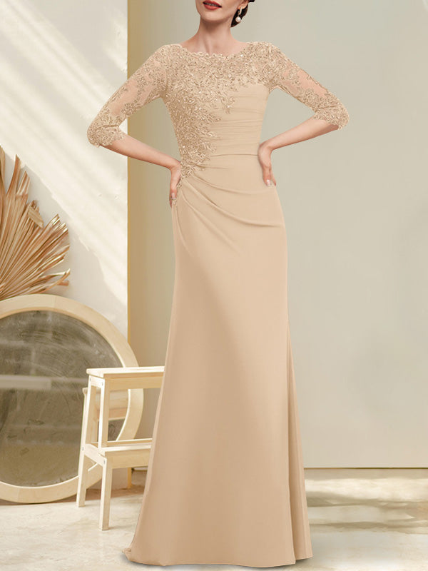 Robe de mère de la mariée en mousseline et dentelle, longueur au sol, en ligne A, décolleté en U, ornée de perles et de paillettes plissées