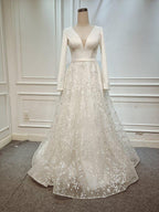 A Line Elegant Long Sleeves V Neck Beach Wedding Dress Bridal Gown
