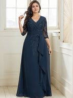 Abito da madre della sposa in chiffon di pizzo a linea ad A, con collo, scollo a V, lunghezza fino al pavimento, paillettes e balze a cascata