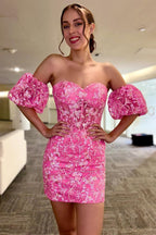 Sequin Lace Strapless Short Dress with Detachable Sleeves