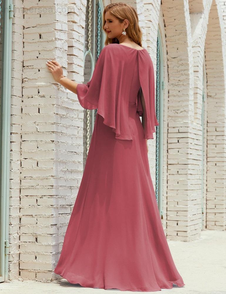 Abito da Damigella Donna Manica Lunga Scollatura a V Chiffon Abito da Cerimonia Matrimonio Festa 28018