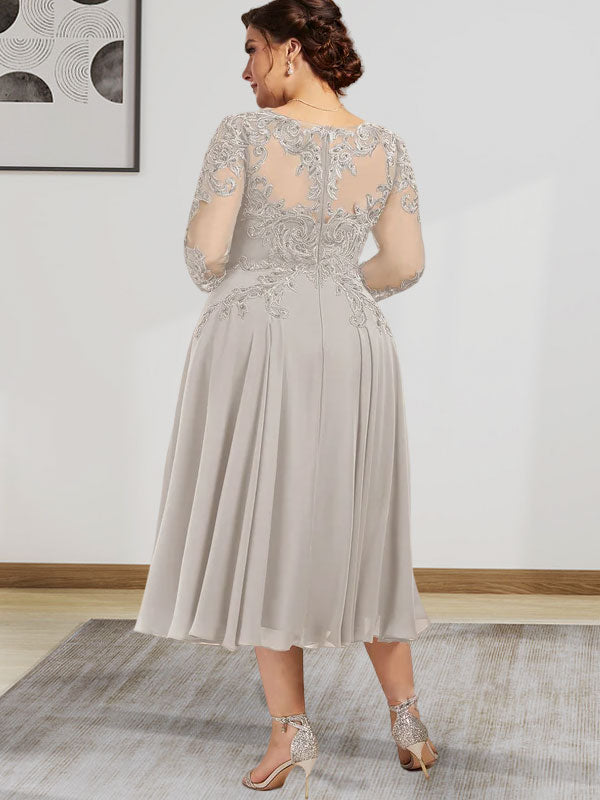 A-Linie, U-Ausschnitt, Illusion, knielang, Chiffon, Spitze, Kleid für die Brautmutter mit Perlen und Pailletten