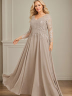 Robe de mère de la mariée en mousseline de soie à dentelle, longueur au sol, en ligne A, col en V, ornée de paillettes