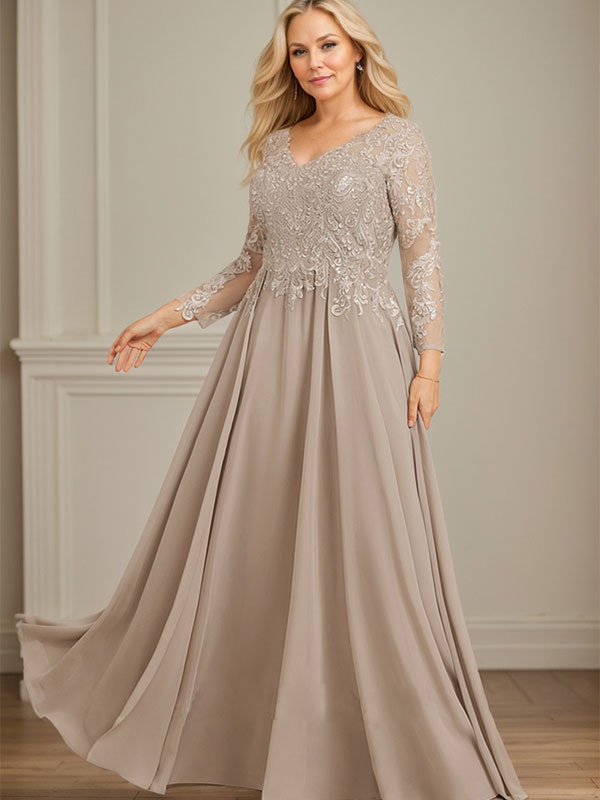 Robe de mère de la mariée en mousseline de soie à dentelle, longueur au sol, en ligne A, col en V, ornée de paillettes