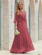 Abito da Damigella Donna Manica Lunga Scollatura a V Chiffon Abito da Cerimonia Matrimonio Festa 28018