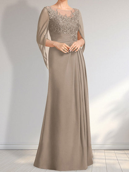 A-Linie, U-Ausschnitt, Illusion, bodenlanges Chiffon-Kleid für die Brautmutter mit plissierten Pailletten