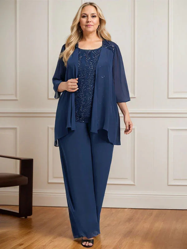 Mono/Pantalón Separado con Escote Redondo, Largo hasta el Suelo, de Encaje y Gasa, Vestido de Madre de la Novia con Lentejuelas