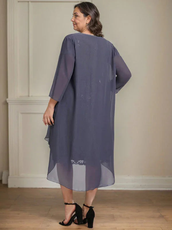 Abito da madre della sposa in pizzo e chiffon con gonna a colonna a effetto illusion fino al ginocchio, con balze a cascata e paillettes