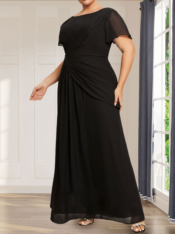Robe de mère de la mariée en mousseline, longueur cheville, en ligne A, encolure dégagée, ornée de perles et plissée