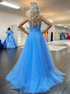 Vestido de Baile de Tule Azul, Decotado de Um Ombro, em Linha A, com Aplicações
