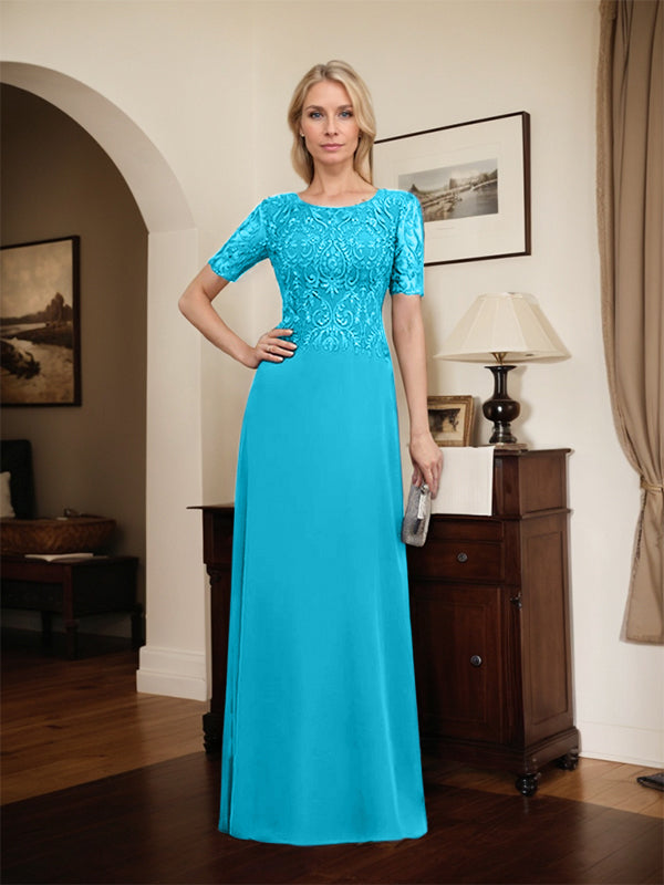 Robe de mère de la mariée en dentelle et mousseline, longueur au sol, en ligne A, décolleté en U, ornée de paillettes