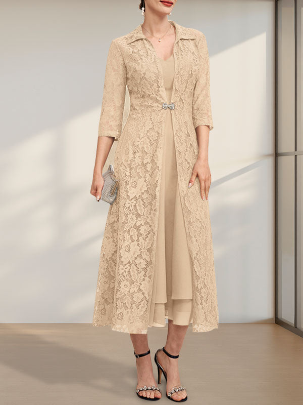 A-Linie V-Ausschnitt Wadenlanges Chiffonkleid für die Brautmutter