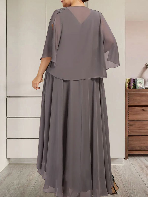 Vestido de gasa asimétrico para madre de la novia con escote en V, corte A y lentejuelas con abalorios