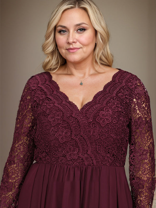 Robe de mère de la mariée en mousseline de soie à dentelle asymétrique, en forme de A avec col en V