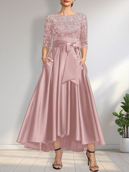 A-Linie U-Ausschnitt Illusion Asymmetrisch Satin Spitze Mutter der Braut Kleid mit Schleife