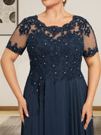 A-Linie U-Ausschnitt Illusion Bodenlang Chiffon Spitze Mutter der Braut Kleid mit Pailletten Perlen