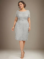 Vestido de Mãe da Noiva em Chiffon com Renda, Bordado e Comprimento ao Joelho, Modelo Tubo/Coluna